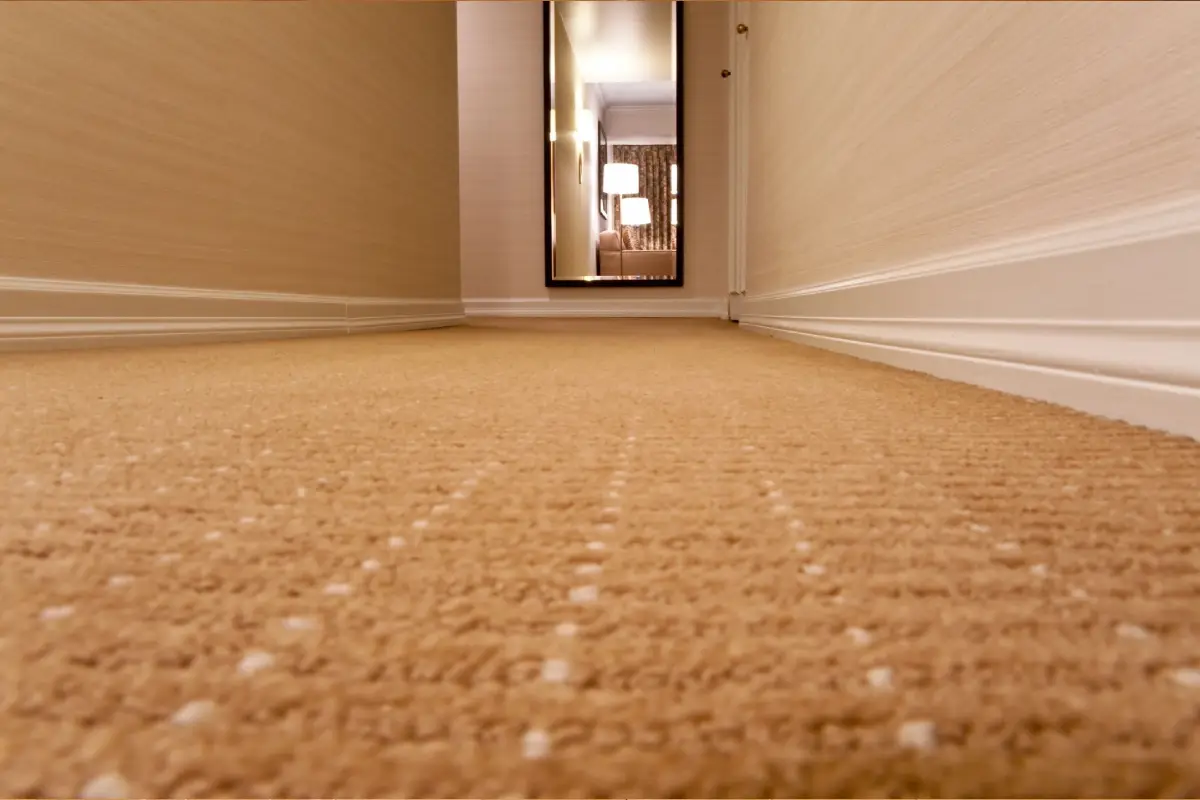 A long, carpeted hallway with beige walls and white trim, recently refreshed by a floor renovation, leading to an open door revealing a room with drapes and furniture.