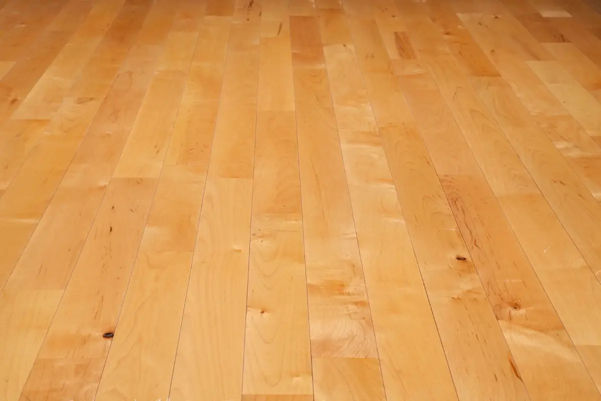 Close-up view of a clean, polished wooden floor with light-colored planks arranged in a parallel pattern, showcasing the impeccable results of recent floor renovation.